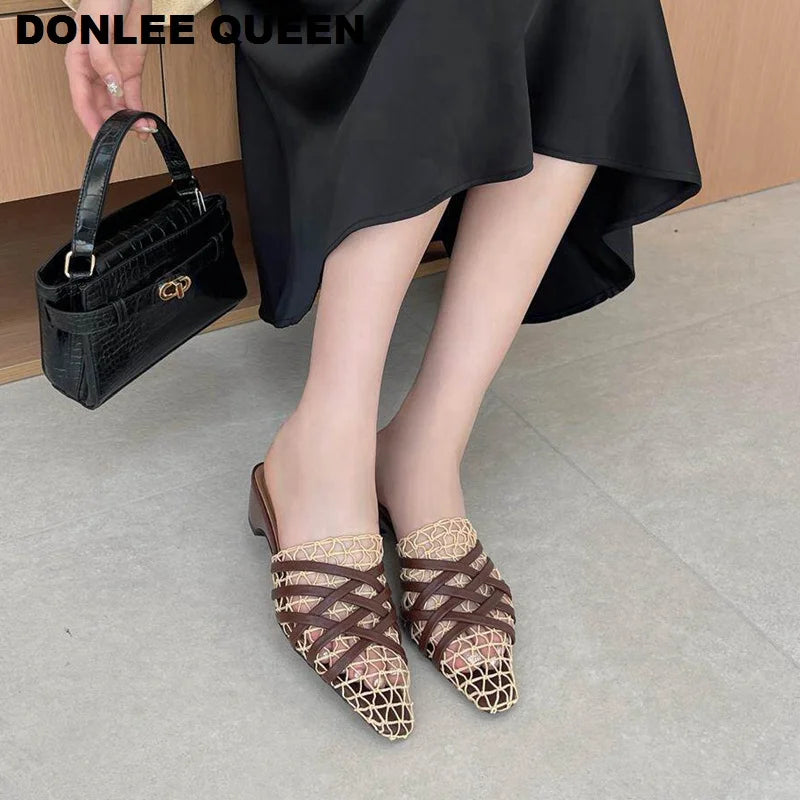 2026 Summer Luxury Fashion Designer Slippers Women Lace Mesh Square Toe Slip On Mule Slippers Low Heel Sandal Casual Shoes Muje