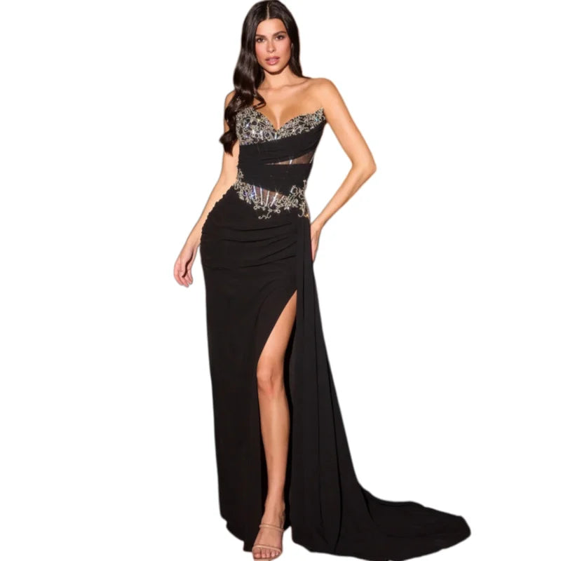 Elegant Sweetheart Prom Dresses Sleeveless High Slit Sleeveless Beading Strapless Custom Made Special Occasions Evening Gowns