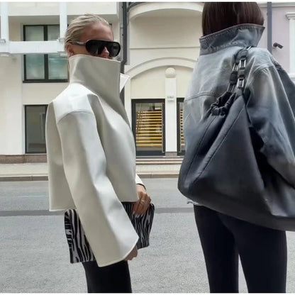 Women Cropped PU Leather Jacket Stand Collar Wide Flare Sleeve Asymmetrical Wrap Open Front Coat 2026 Autumn Chic Loose Jackets