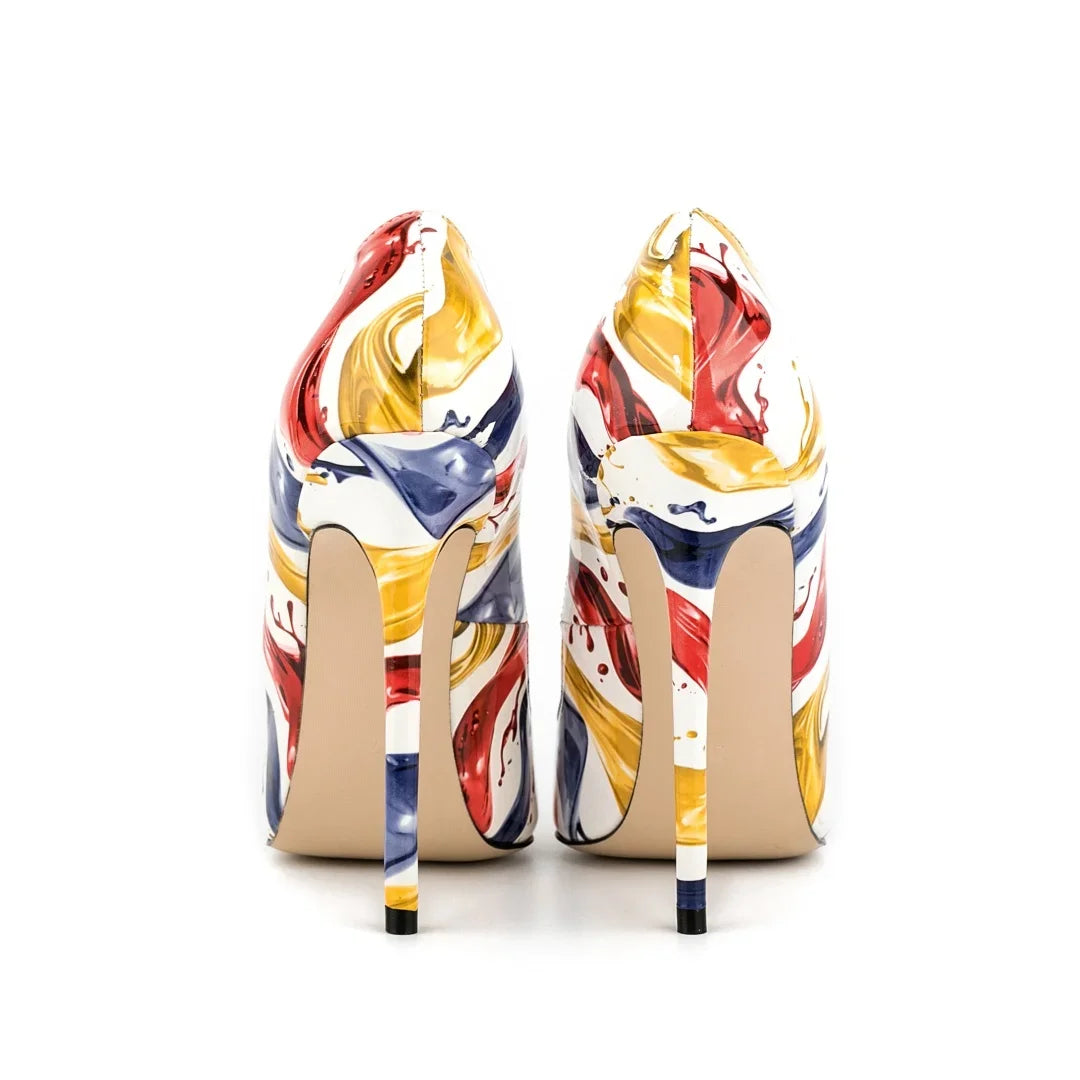 Multicolor Abstract Graffiti Print Pointed Toe Stiletto Pumps, Women Thin Heel Evening Shoes for Wedding, Formal Party and Night