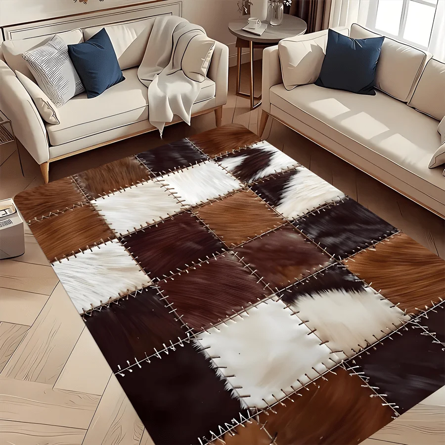 Checkered Cow Leather Pattern Doormat, High-Quality Flannel Non-Slip Machine Washable Rug for Multi-Room Multi-Holiday Decor