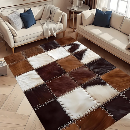 Checkered Cow Leather Pattern Doormat, High-Quality Flannel Non-Slip Machine Washable Rug for Multi-Room Multi-Holiday Decor