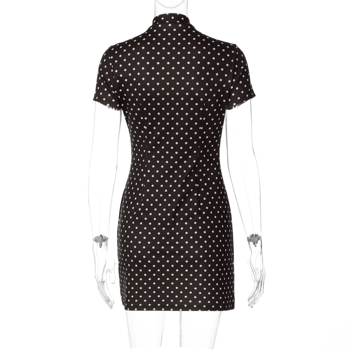 Dulzura Turtleneck Short Sleeve Lace Up Hollow Out Polka Dot Mini Dress Women'S Fashion Sexy Elegant Dress Party Vacation Outfit