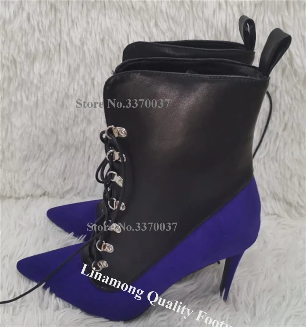 Linamong Red-blue Patchwork Metal Buckles Stiletto Heel Short Boots Sexy Pointed Toe Lace-up Thin Heel Ankle Booties