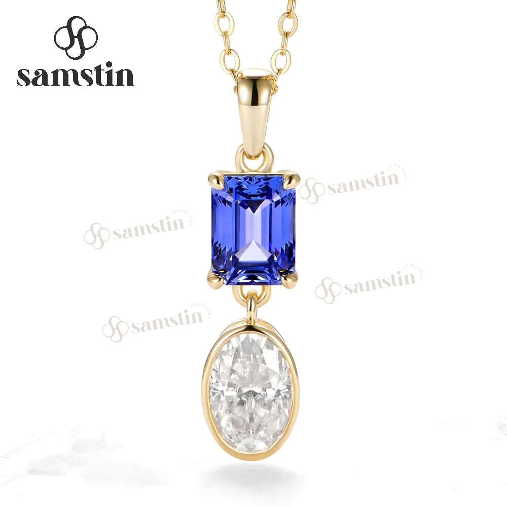 Samstin 4.3CT Lab Sapphire Moissanite Necklace for Women Solid 14K 10K Yellow Gold Necklace for Christmas  Party Jewelry Chain
