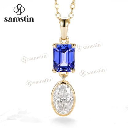 Samstin 4.3CT Lab Sapphire Moissanite Necklace for Women Solid 14K 10K Yellow Gold Necklace for Christmas  Party Jewelry Chain