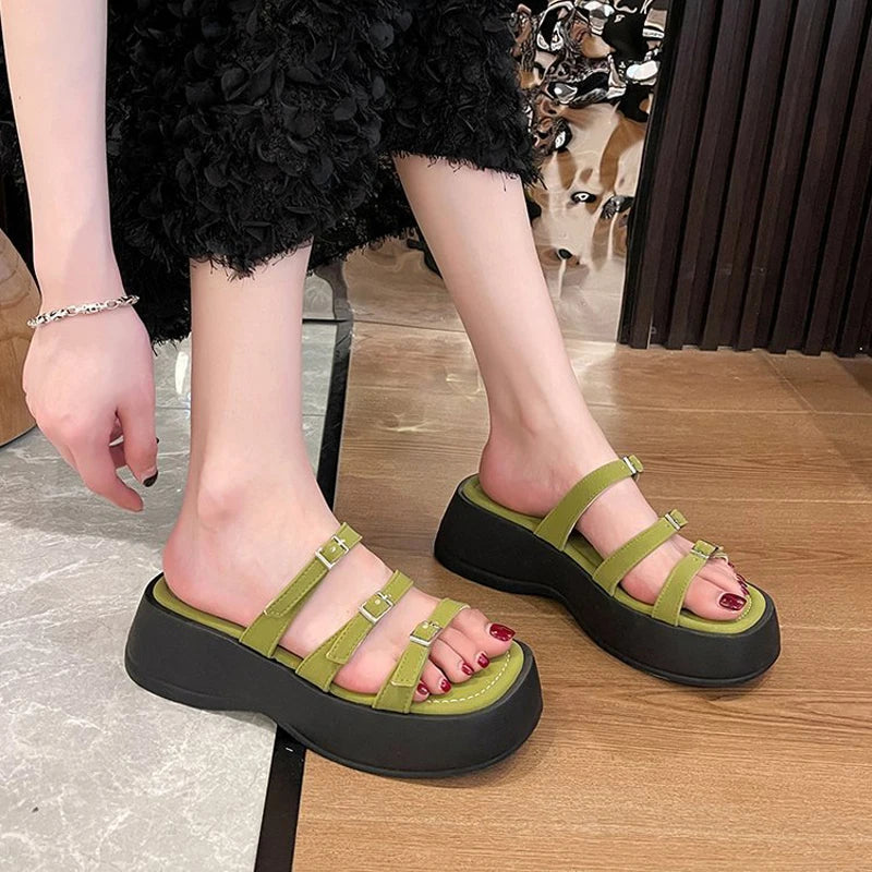 Women Thicken Soled Buckle Strap Sandals Platform High Heel Shoes Ladies Cut-Out Slippers Open Toe Flipflops Silver Beach Slides