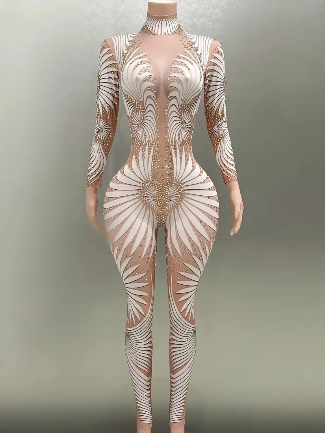 White Printing Shinning Diamonds Sexy Elastic Sheath Long Jumpsuit Evening Party Performance Bar DJ Nightclub Singer Stage Wear