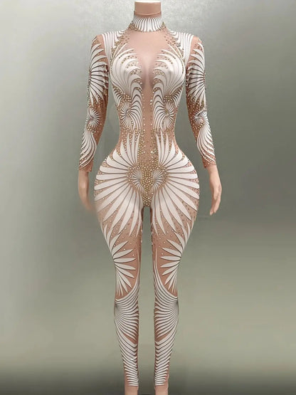 White Printing Shinning Diamonds Sexy Elastic Sheath Long Jumpsuit Evening Party Performance Bar DJ Nightclub Singer Stage Wear