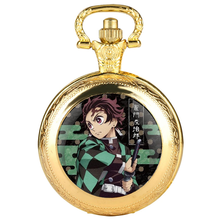 Kamado Tanjirou Design Glass Dome Quartz Pocket Watch With Durable Chain Arabic Numeral Dial For Men And Women Creative Gifts
