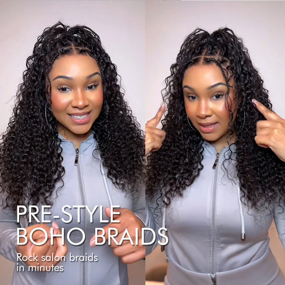 Glueless Knotless Braided Wigs Water Wave 13x6 HD Lace Human Hair Frontal Wigs Pull Go Gluless Wigs Human Hair With Drawstring