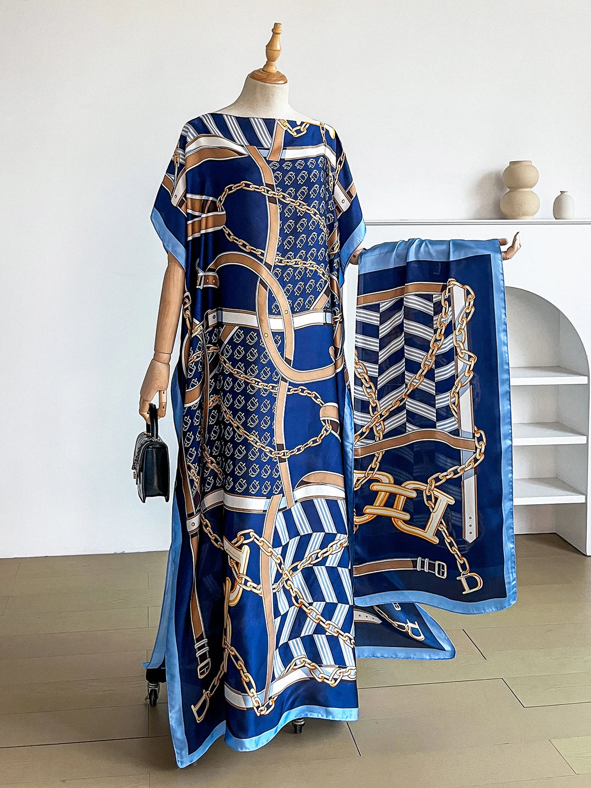 Popular Chain Print Boat Neck Modest Dress Elegant Batwing Sleeve Loose Maxi Dress With Hijab African Women's Clothing