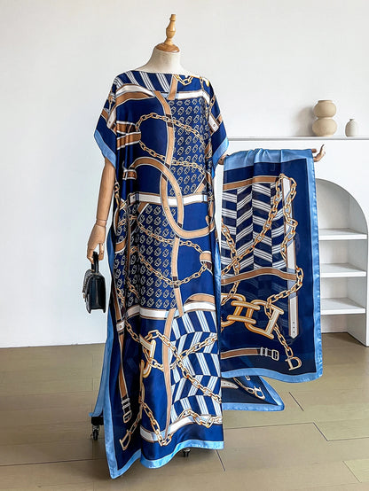 Popular Chain Print Boat Neck Modest Dress Elegant Batwing Sleeve Loose Maxi Dress With Hijab African Women's Clothing