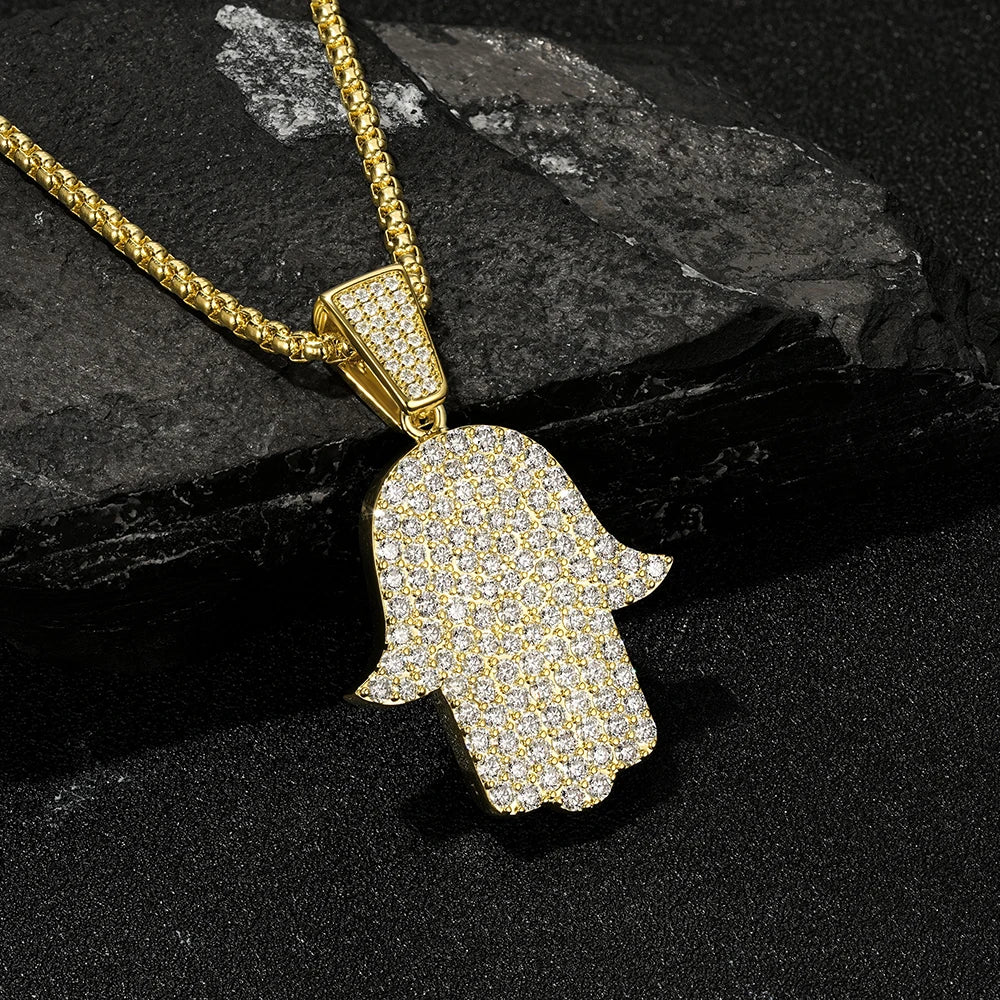 Rrjzz Full Moissanite Hip Hop Iced Out Thick 3mm Round Box Chain Palm Pendant Mens Necklace Street Style Party Fine Jewelry Gift