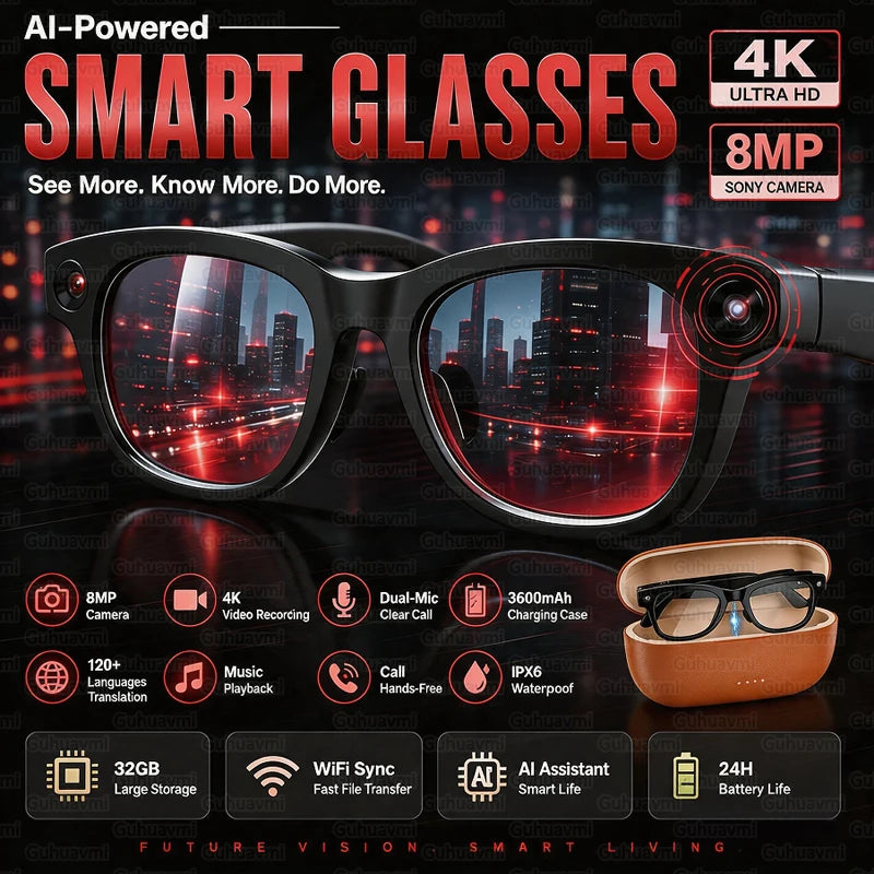 AI Smart Glasses 4KHD Camera 3600mAh Charging Case 120+Language Translation Bluetooth Call Music Sunglasses Outdoor Color Change