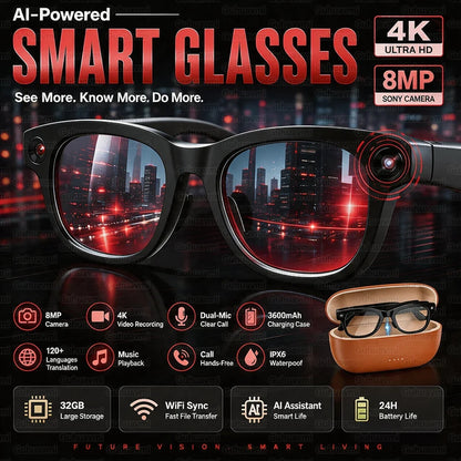 AI Smart Glasses 4KHD Camera 3600mAh Charging Case 120+Language Translation Bluetooth Call Music Sunglasses Outdoor Color Change