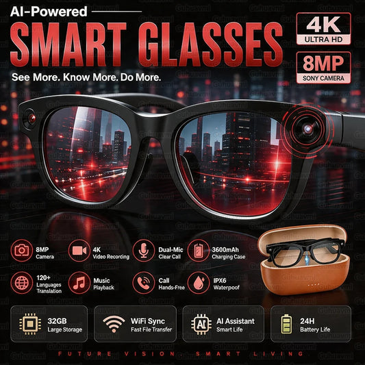 AI Smart Glasses 4KHD Camera 3600mAh Charging Case 120+Language Translation Bluetooth Call Music Sunglasses Outdoor Color Change