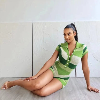 Summer Contrast Color Jumpsuits Jumpsuit For Woman Short Sleeves All-match Trendy Striped Casual Sweet Bodycon Commuting Silm