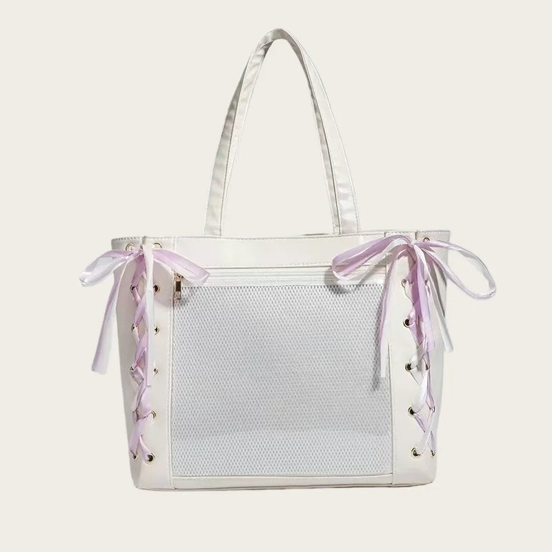 New Japanese Cute Sweet Ribbon Ita Bag Lolita Girls Transparent Handbags Fashion Large Capacity Tote Bag Aesthetic Shoulder Bags