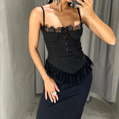 2026 Elegant Lace Patchwork Waist Party Blouse Women Fashion Hight Street Slim Vest Sexy Off Shoulder Sleeveless Suspender Tops