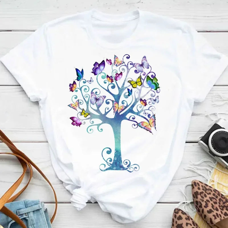 New Fashion Women T-shirt Colorful Butterfly Petal Print Short Sleeve and Round Neck Cute Graphic Tee Shirts Female Tops Clothin