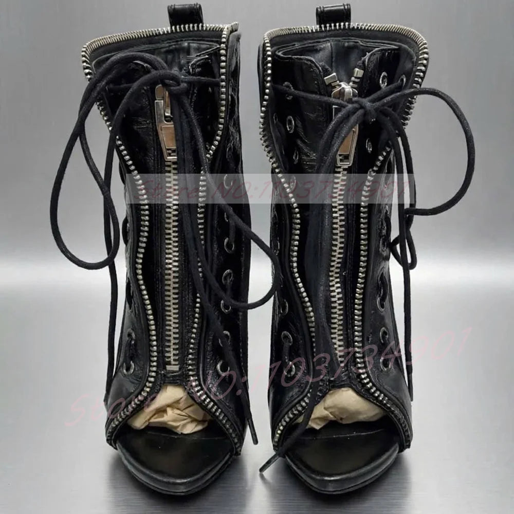 Zip Up Peep Toe Ankle Boots Women High Heels Black Leather Solid Lace-up Shoes