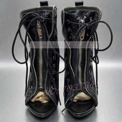 Zip Up Peep Toe Ankle Boots Women High Heels Black Leather Solid Lace-up Shoes