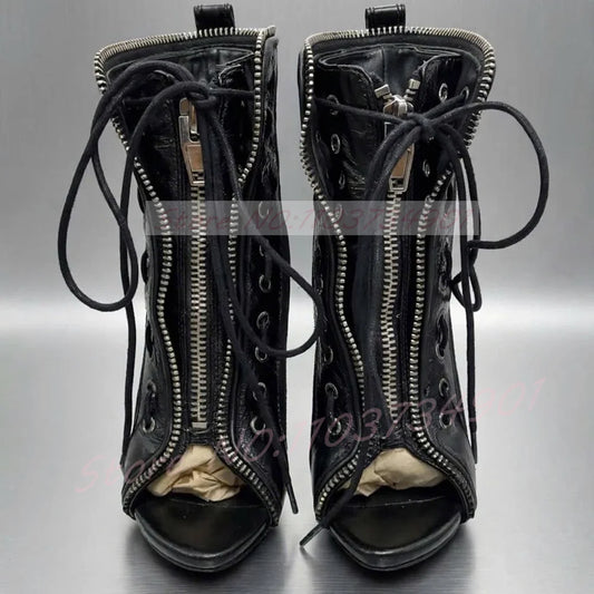 Zip Up Peep Toe Ankle Boots Women High Heels Black Leather Solid Lace-up Shoes