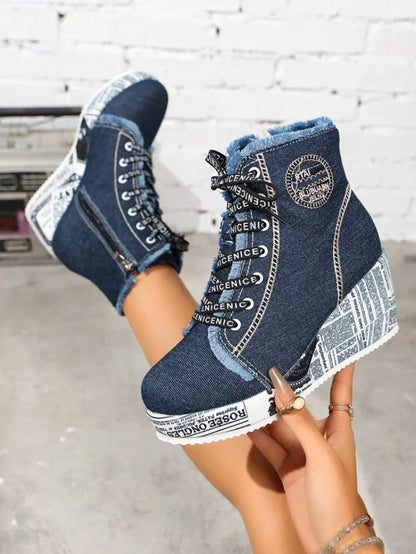 Women's Wedge Sneakers High Top Round Toe Denim-Look Lace-Up Side Zipper Letter Print Detail Casual Platform Ankle Boots 2026