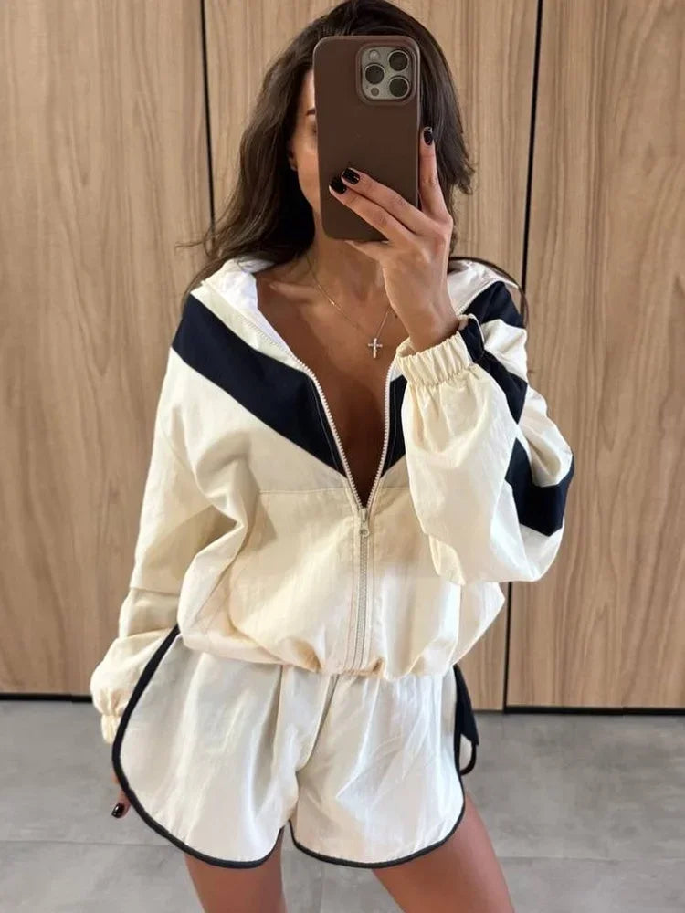 Chevron Stripe Windbreaker Tracksuit Women Casual Zip Cropped Jacket Contrast Trim Shorts Suit Lady Daily Jogging Street Outfit