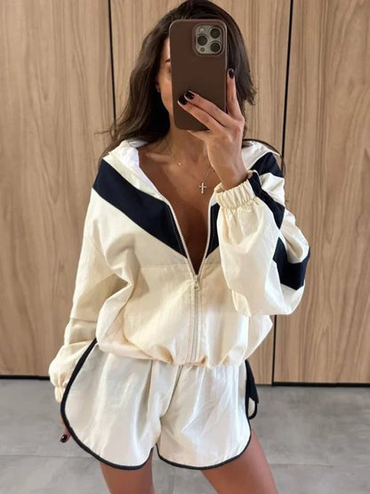 Chevron Stripe Windbreaker Tracksuit Women Casual Zip Cropped Jacket Contrast Trim Shorts Suit Lady Daily Jogging Street Outfit