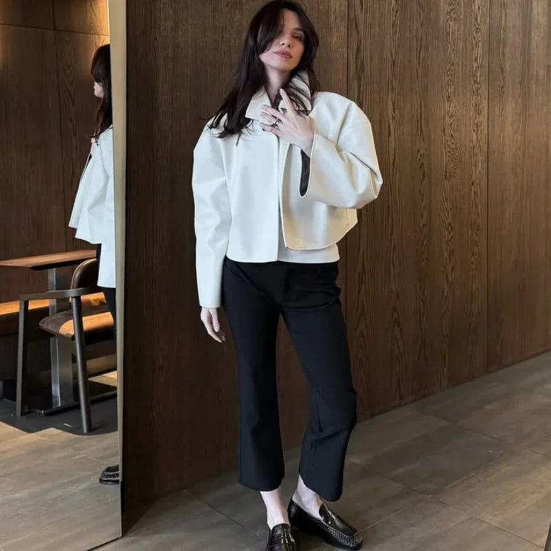 Women Cropped PU Leather Jacket Stand Collar Wide Flare Sleeve Asymmetrical Wrap Open Front Coat 2026 Autumn Chic Loose Jackets