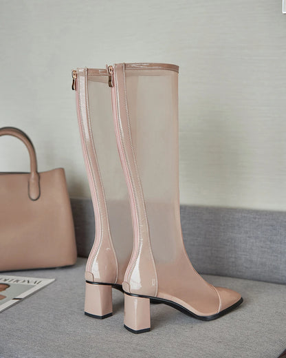 Sexy Air Mesh Zipper Female Boottes Summer Ponited Toe Ankle Boots Patchwork High Heesl Fashion Women Shoes Big Size 32-46