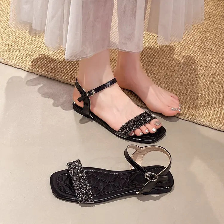 Luxury Crystal Square Toe Sandals Elegant Peep Toe Flat Slides Summer Fashionable Beach Shoes for Women