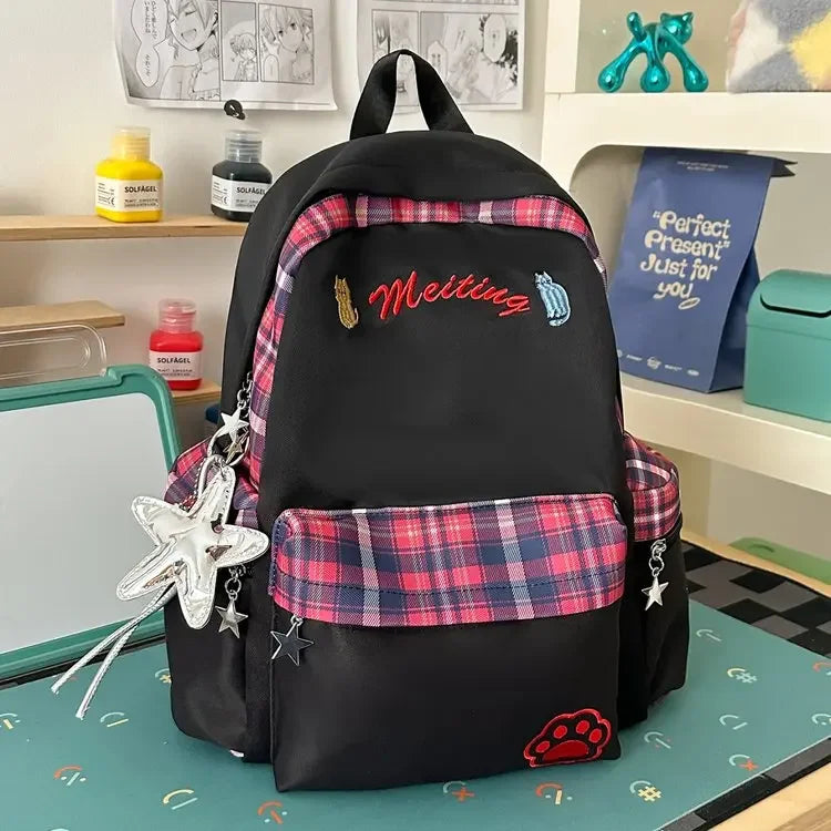 Preppy Style Blue Backpack for Girls, Plaid Spliced School Bag, Cute Nylon Daypack Star Pendant, Large Capacity Student Rucksack