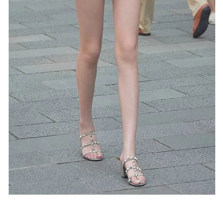 Women's Sandals Gladiator Summer With Heels Real Leather Rivets Luxury Brand High-heeled slippers Designer Silver Ladies Shoes