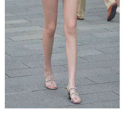 Women's Sandals Gladiator Summer With Heels Real Leather Rivets Luxury Brand High-heeled slippers Designer Silver Ladies Shoes