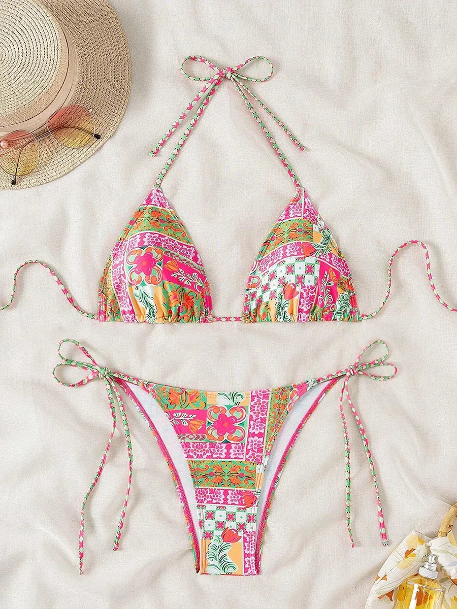 Swimsuit 2026 Female Micro Bikini Women Swimwear Summer Beachwear Women's Bathing Suit Floral Print Neck Halter Thong Bikini Set