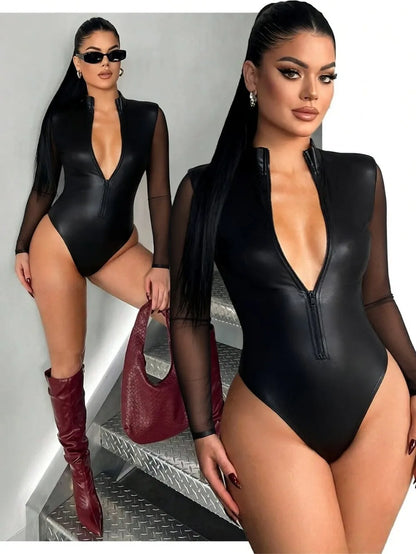 Women Leather Bodysuit Lace Up Clubwear Wet Look Teddy