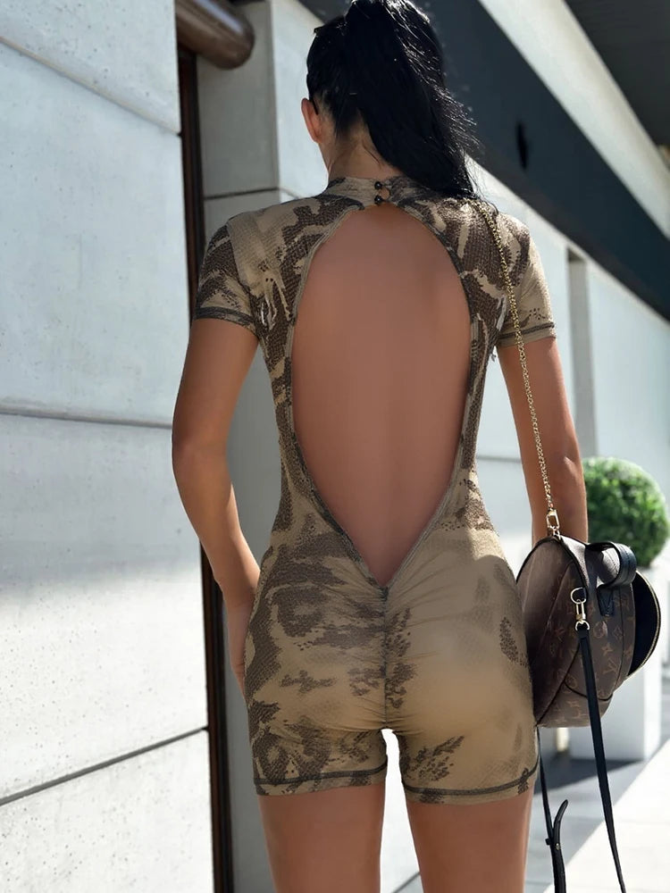Weird Puss Backless Playsuit Women See Through Shorts Sleeve Peach Buttocks Summer Trend Aesthetic Print Midnight Club Romper