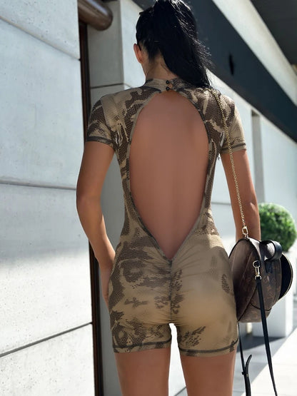 Weird Puss Backless Playsuit Women See Through Shorts Sleeve Peach Buttocks Summer Trend Aesthetic Print Midnight Club Romper