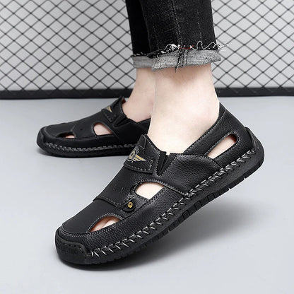 Mens Walking Shoes Summer Breathable Leather Hand Sewn Minimalist Baotou Flat Shoes Soft Elastic Daily Casual Male Sandalia