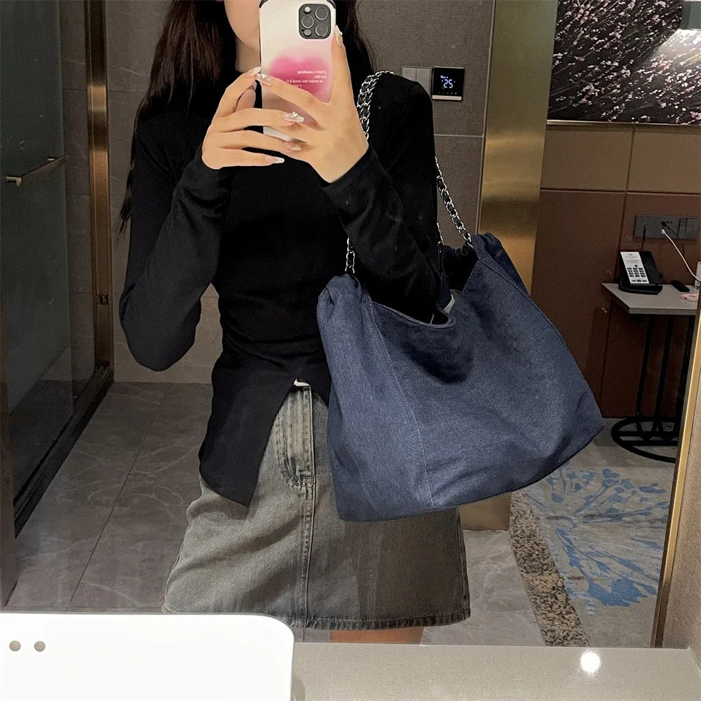Chic Style Big Chain Shoulder Tote Bags For Women 2023 Luxury Designer Handbags Denim Fabric Pure Color Large Capacity Shoppers
