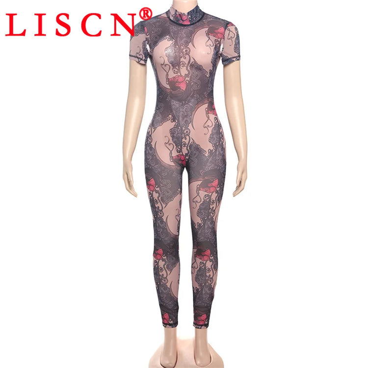 10 Wholesale Items Jumpsuits Women Summer 2025 Short Sleeve Bodycon Sexy Y2k Printing Mesh See Through Backless Rompers K15151