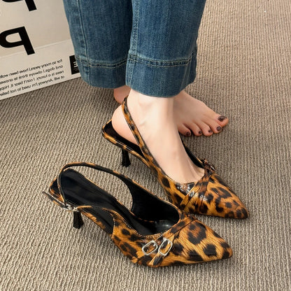 Women's Sandals Leopard Sexy High Heels Shoes Pointed Toe Luxury Pumps Slippers Woman Brand Dress Buckle Ladies De Flip Flops