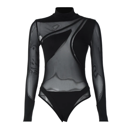 Hugcitar 2024 Turtleneck Long Sleeve Black See Through Sexy Bodycon Bodysuit Spring Summer Women New Outfit Festival Nightclub