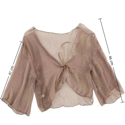 Casual Crinkle Women Cardigan Loose Chiffon Short Shawl See Through Transparent Thin Section Top Small Jacket