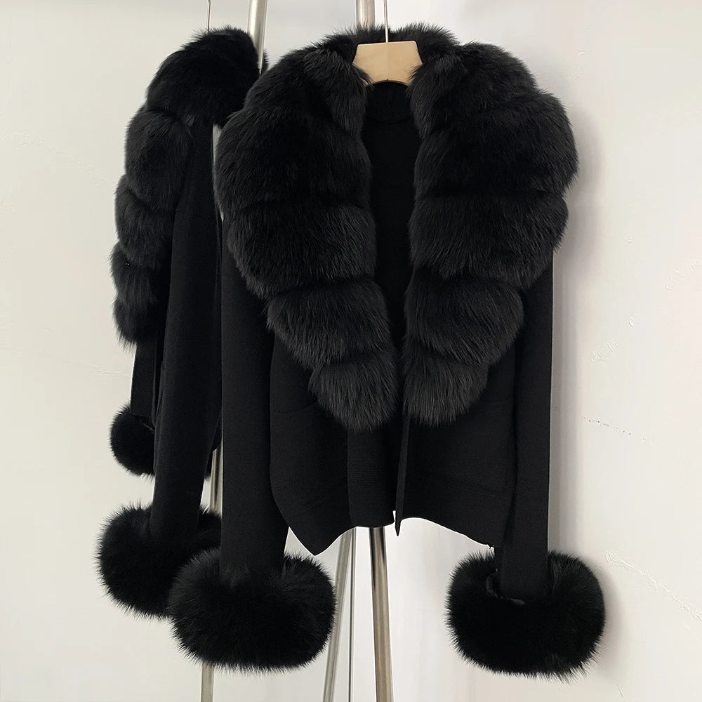 OFTBUY Loose Fit Warm Winter Fashion Lady Outerwear Sweater Female 2025 New Women's Knit Cardigan with Large Real Fox Fur Collar