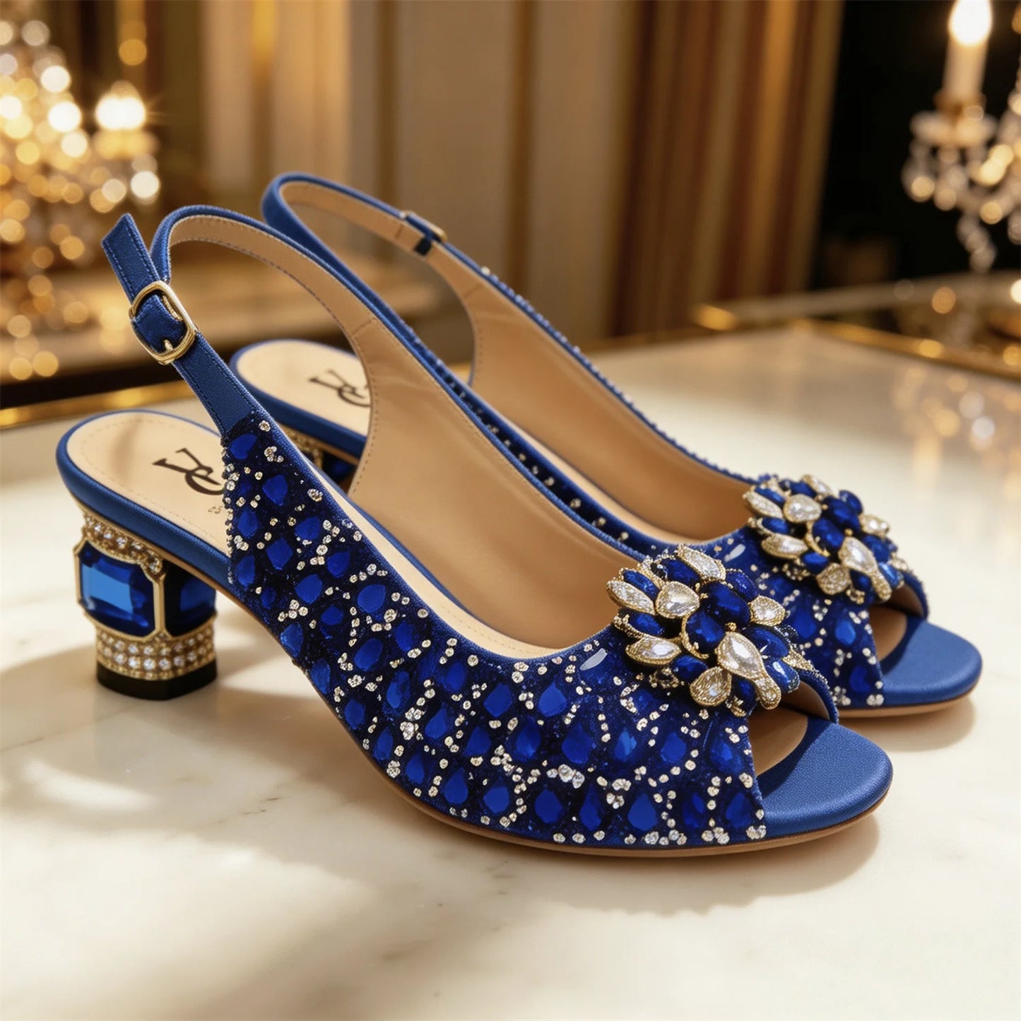 Women's Royal Blue Rhinestone Slingback Heels with Matching Clutch Bag Set Low Heel 3CM for Wedding Bridesmaid Evening Party