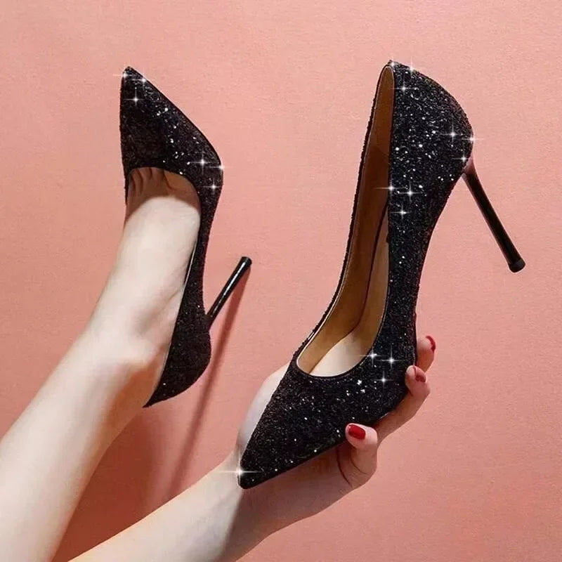 Large Size 2025 Stiletto High Heels Fashionable Sexy Sequins Banquet Professional Ladies Shoes High Heels Single Shoes